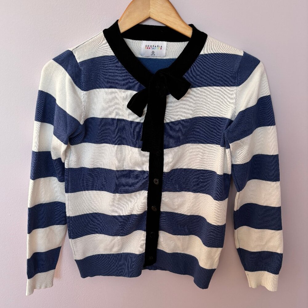 Compania Fantastica Striped Lightweight Cardigan with Bow in Blue and White